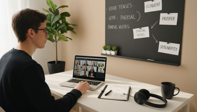 Persona estudiando inglés en casa organizada