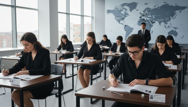 Students taking an international English exam