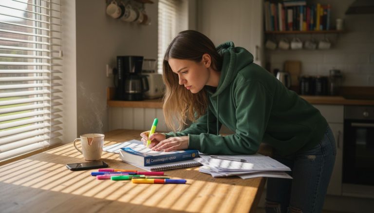 Student studying Cambridge English materials kitchen