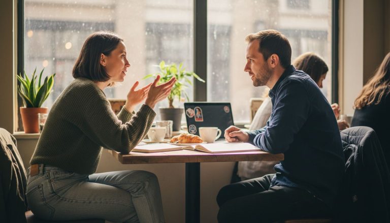 Two people practicing English in busy cafe