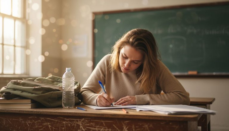 Estudiante resolviendo examen Cambridge en aula