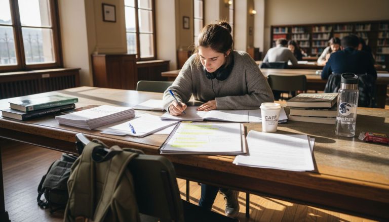 Un estudiante aprovecha la luz del sol que entra por la ventana de la biblioteca mientras repasa inglés académico.