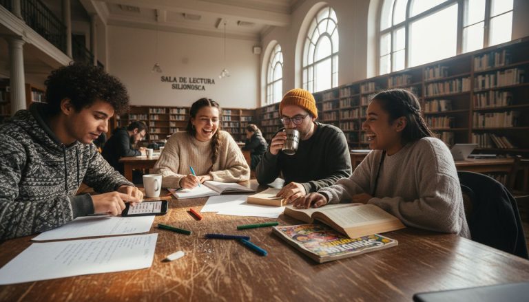 Un grupo de personas se reúne en la biblioteca para practicar inglés juntos.