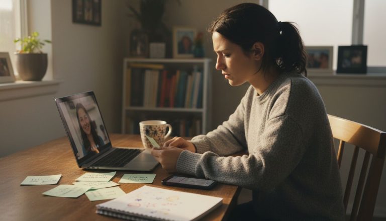 Student practicing Cambridge English interview at home