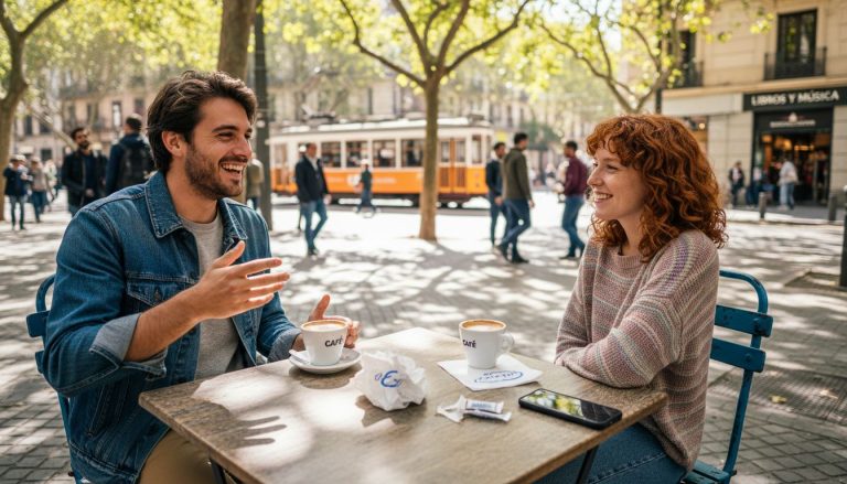 Un grupo de amigos charla animadamente en la terraza de una cafetería, disfrutando del ambiente y la buena compañía.