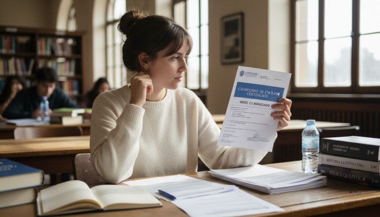 Joven consulta su certificado de Cambridge mientras estudia en la biblioteca