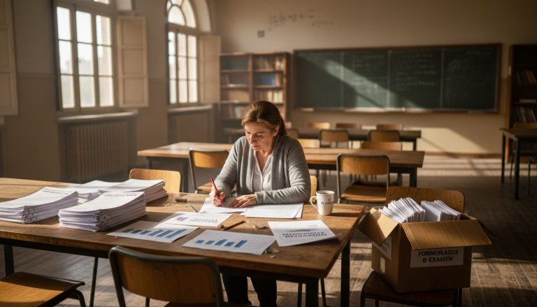 Profesor revisando exámenes de Cambridge en el aula