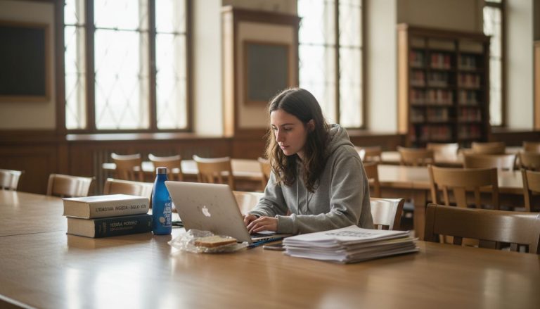 Estudiante de posgrado repasando inglés en una mesa de la biblioteca.