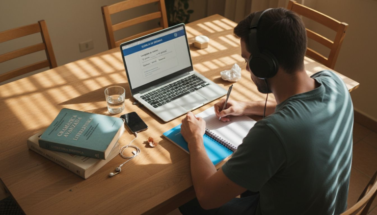 Persona adulta aprendiendo inglés desde casa, aprovechando su espacio de trabajo personal.