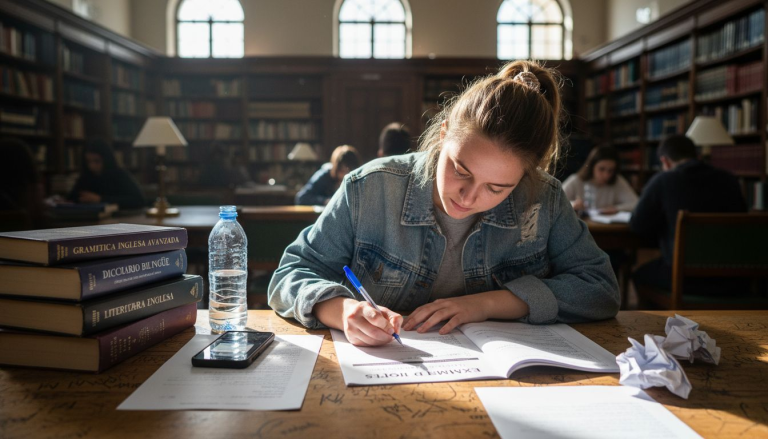 Un estudiante realiza un examen de inglés en una mesa de la biblioteca.