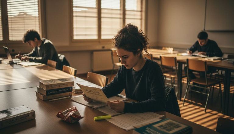 Alumno repasando el examen de Cambridge en clase