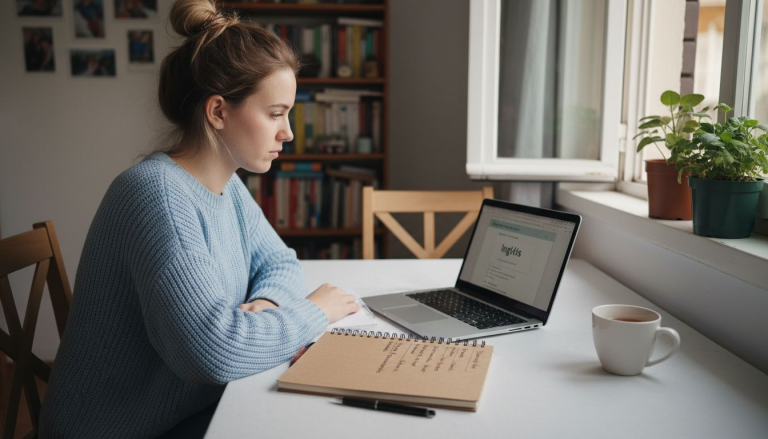 Un chico estudia inglés en su casa, aprovechando la luz natural que entra por las ventanas.