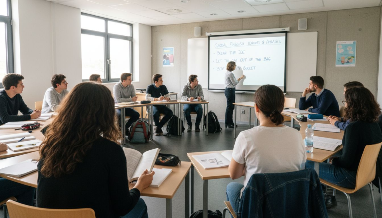 Estudiantes universitarios concentrados durante la clase obligatoria de inglés