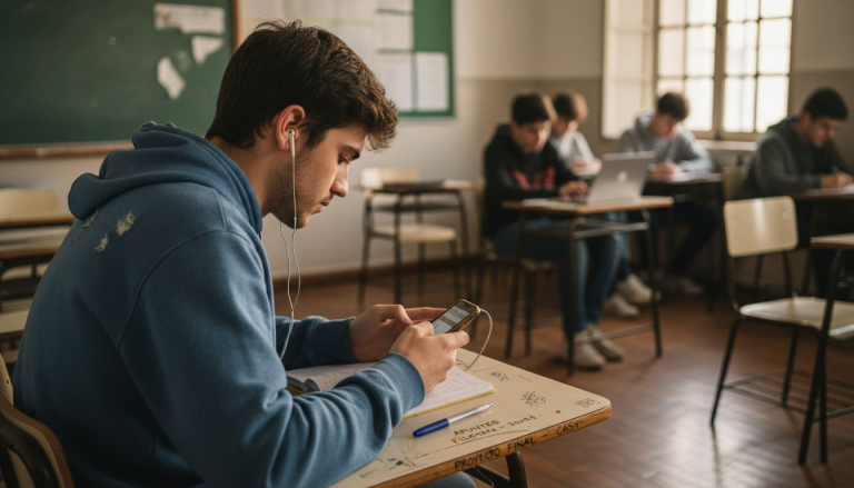 Alumno realizando una prueba de comprensión auditiva de Cambridge en clase.
