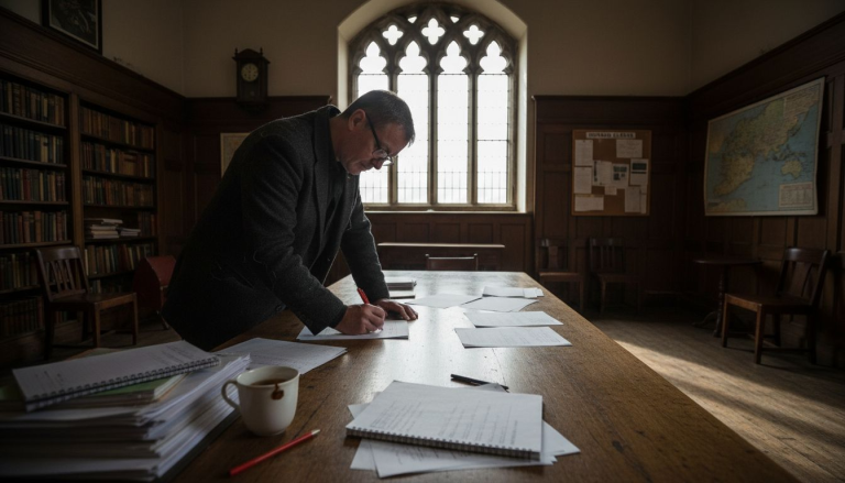 Profesor corrigiendo exámenes de inglés en una sala antigua