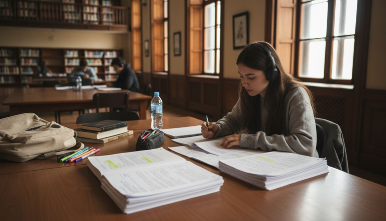 Un estudiante repasa sus apuntes en la biblioteca de Cambridge, concentrado en sus estudios rodeado de libros y ambiente académico.