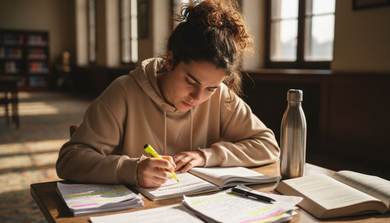 Un estudiante repasando apuntes para el examen de inglés en la biblioteca.