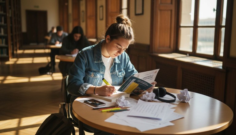 Estudiante repasando para el examen CAE de Cambridge en la biblioteca.