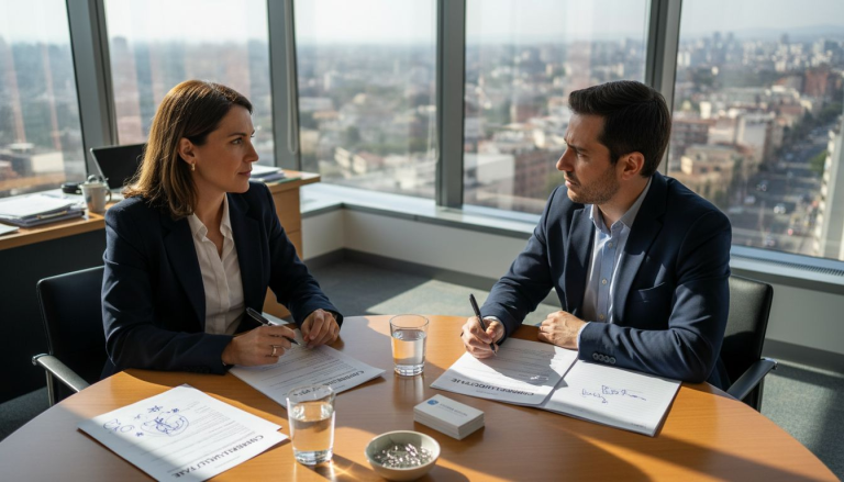 Conversación laboral en una oficina amplia y bien iluminada, con un ambiente detallado y realista.
