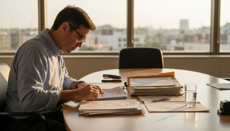 Profesor corrigiendo exámenes de inglés en el aula
