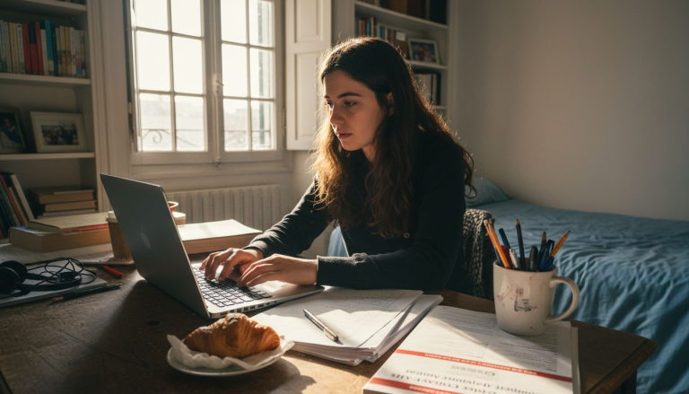 Un estudiante se prepara para un examen de redacción mientras estudia en su escritorio, iluminado por la luz del sol.