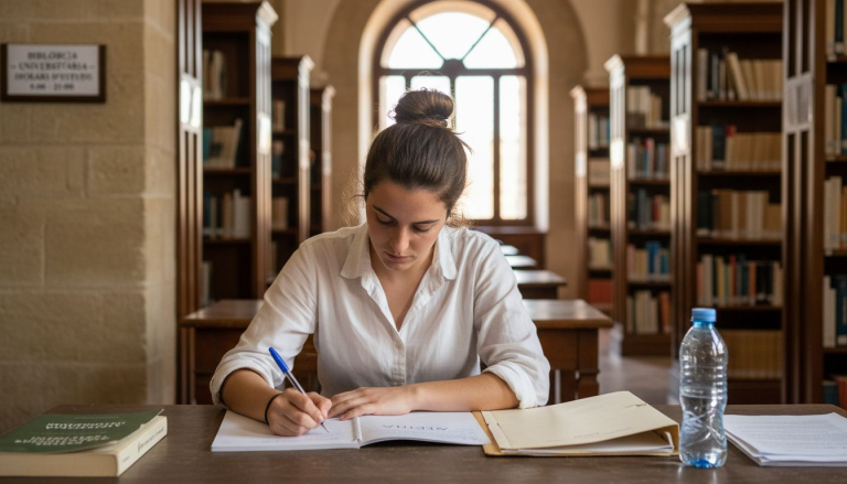 Joven preparando el examen de valenciano con sus apuntes