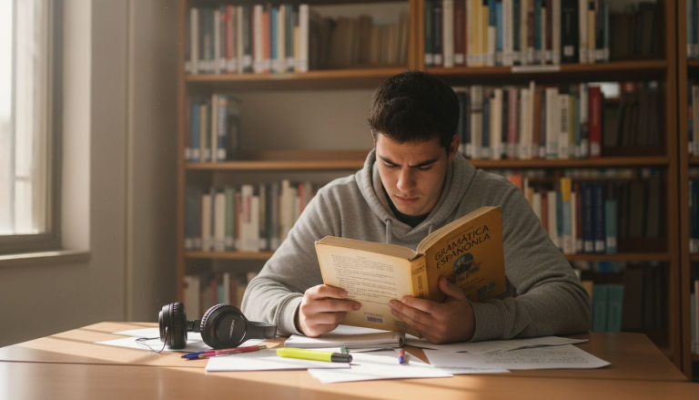 Un alumno estudiando inglés en la biblioteca del colegio.