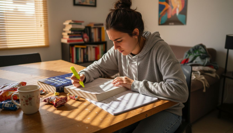 Una estudiante repasa su libro de inglés mientras subraya apuntes sentada en una mesa iluminada por el sol.