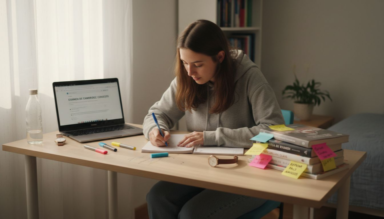 Un estudiante prepara el examen de Cambridge mientras estudia en un escritorio ordenado.