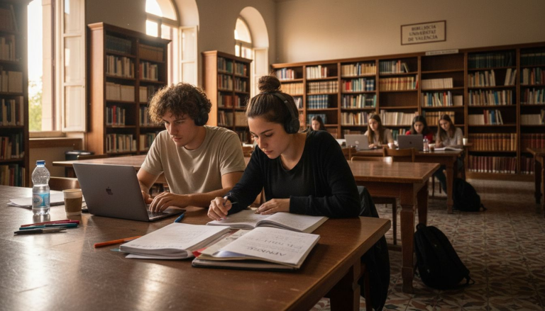 Un grupo de estudiantes prepara el examen de nivel B2 en la biblioteca.