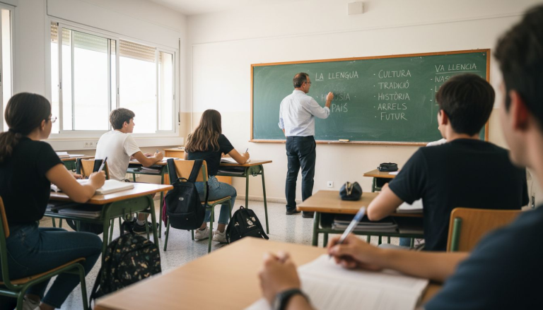 Un profesor imparte clases de valenciano a sus alumnos en el aula.