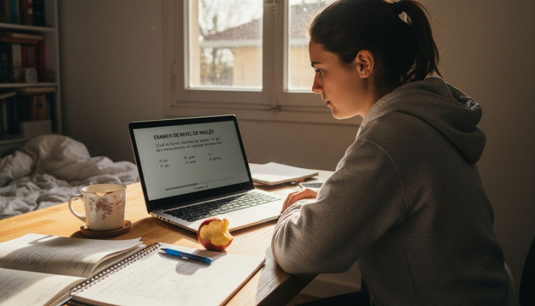 Estudiante concentrado realizando un examen de inglés en línea