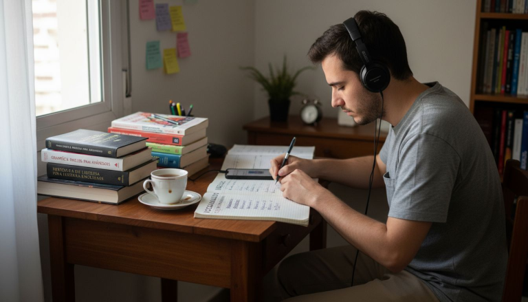 Joven repasando inglés en un escritorio sencillo