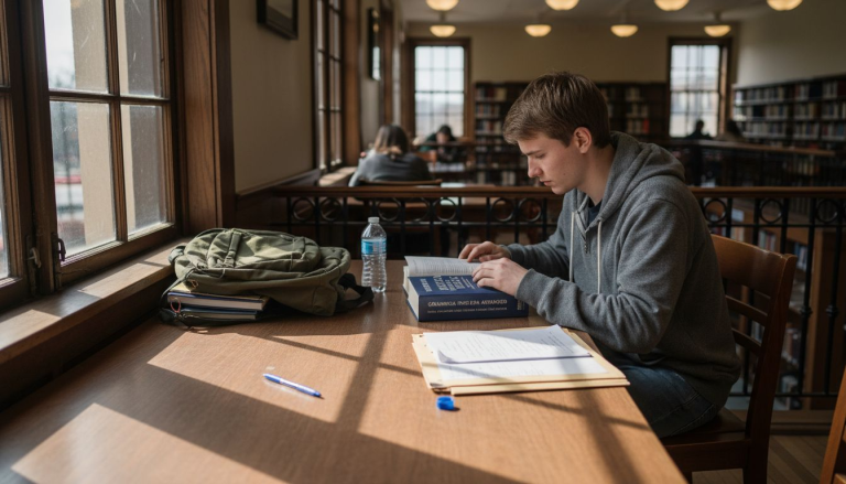 Un joven repasa inglés concentrado en la tranquilidad de la biblioteca.