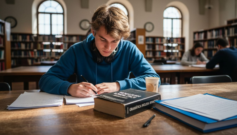 Un universitario hojea apuntes y documentos mientras estudia en la biblioteca.