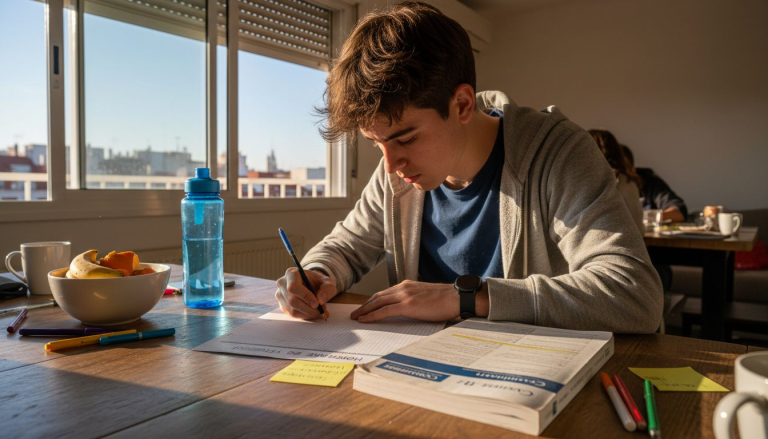Estudiante organizando su calendario de estudio con libros de preparación para exámenes