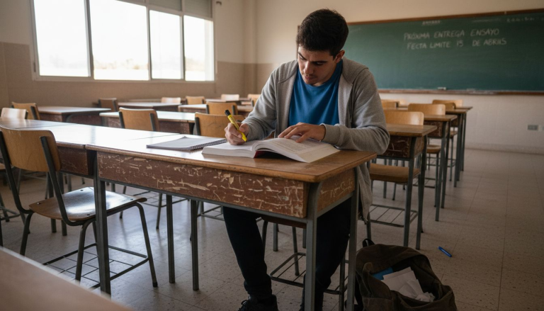 Alumno revisando sus apuntes de inglés en una clase de la universidad