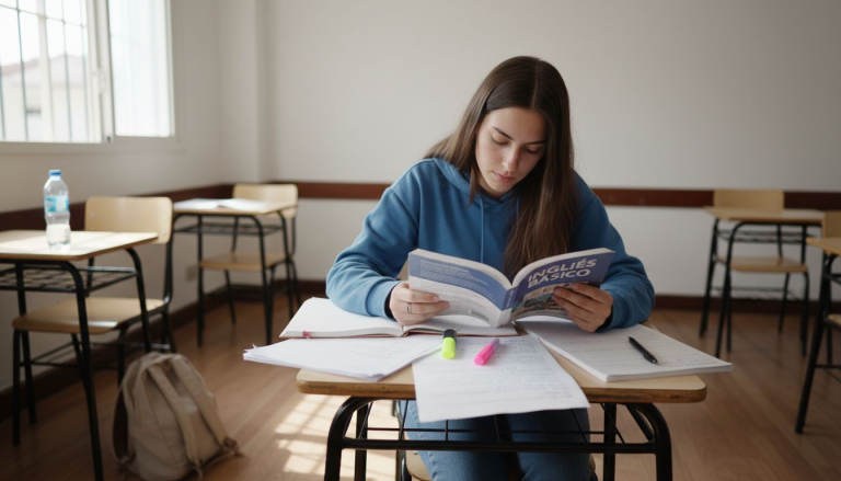 Un joven asiste a clases de inglés y utiliza un libro de nivel básico para aprender.