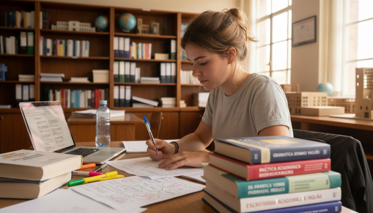 Joven universitaria repasando sus apuntes sentada en su escritorio