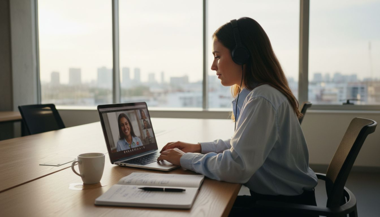 Joven trabajando en una oficina diáfana mientras utiliza diferentes idiomas en su día a día
