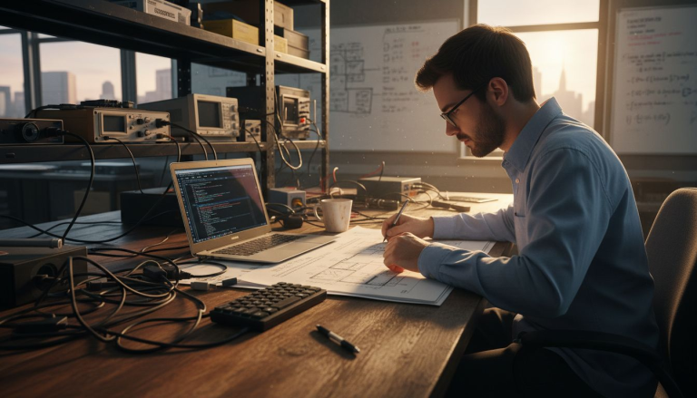 Un ingeniero analiza detalladamente los planos en un laboratorio de alta tecnología.