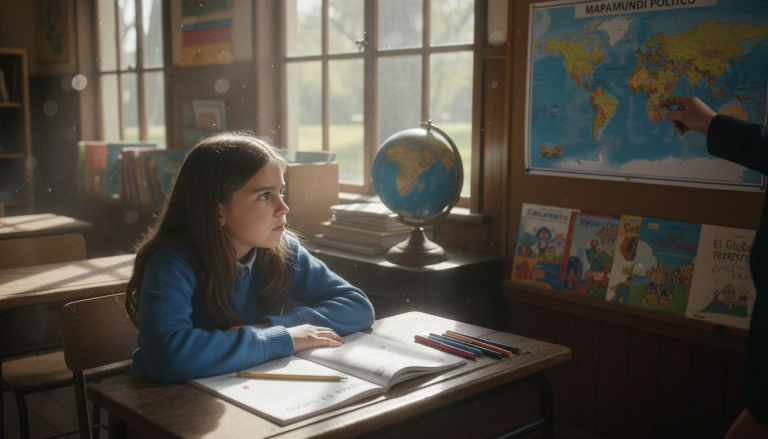 Una joven estudiante que está aprendiendo inglés en clase.