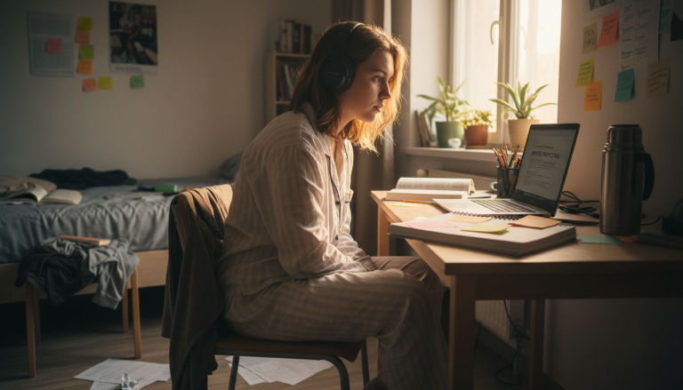Un estudiante revisa su progreso académico desde el escritorio de su casa.
