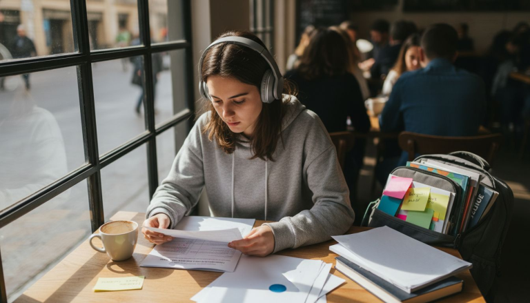 Joven universitaria concentrada revisando su examen de inglés