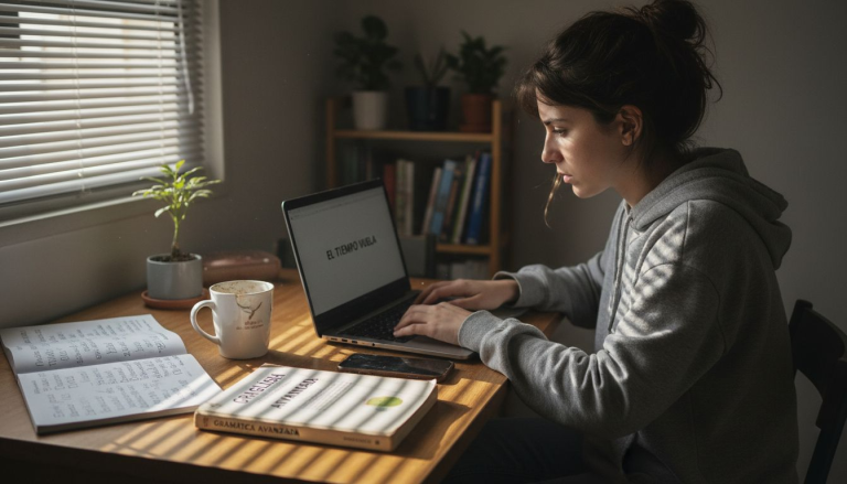 Un estudiante repasando inglés sentado en la mesa de la cocina.