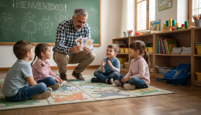 El maestro explica nuevas palabras a los niños durante la clase.