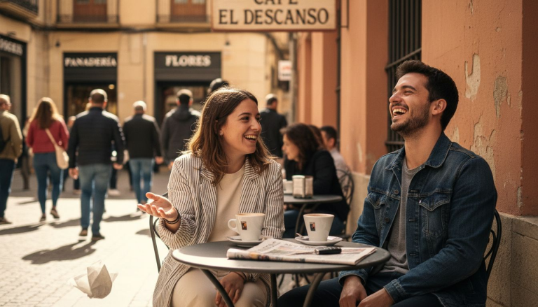Dos personas conversan en valenciano en la terraza de una cafetería.