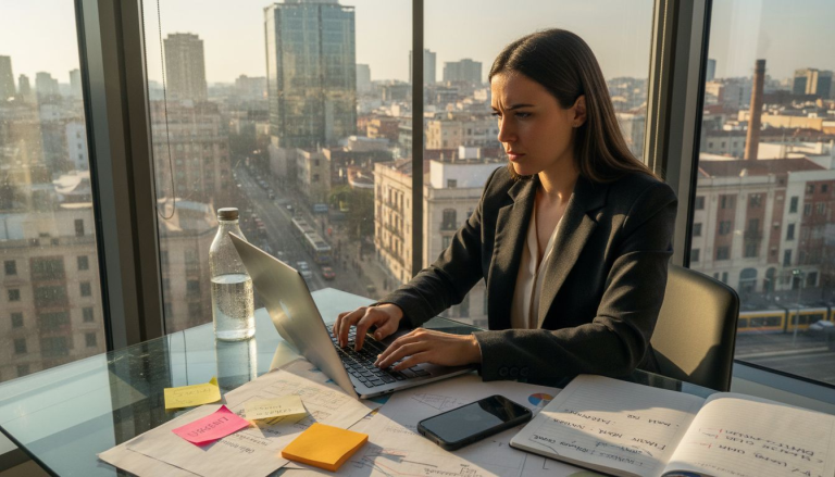 Trabajo profesional frente al ordenador en una oficina pequeña, sentado en una esquina.