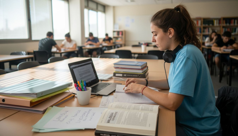 Alumno organizando sus apuntes de valenciano