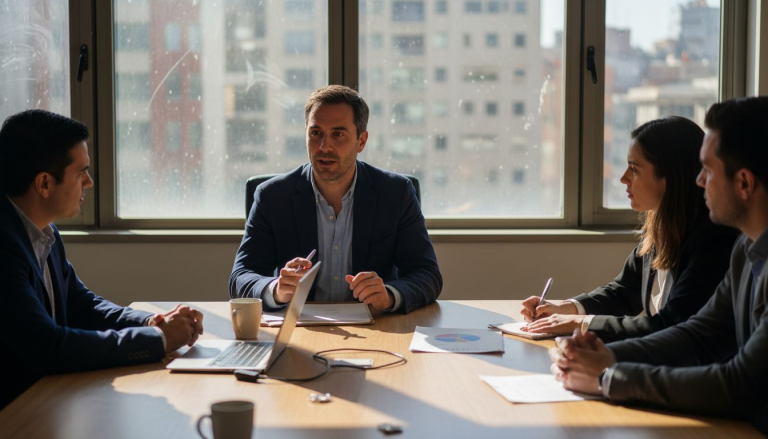 Hombre exponiendo una presentación ante sus compañeros en la oficina